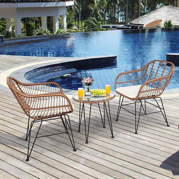 Tangkula 3 Pieces Patio Conversation Bistro Set, Outdoor Wicker Furniture - Image 3