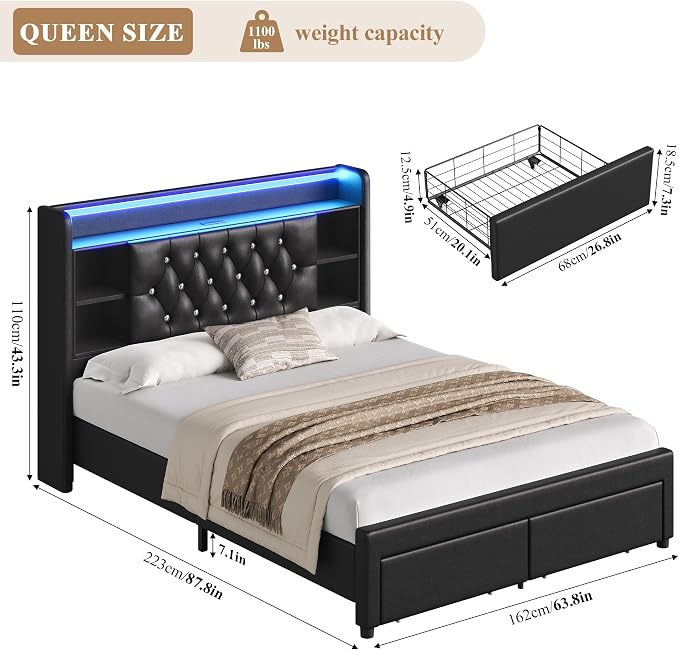 Queen Bed Frame with Drawers, Hidden-Cubby & Shelves Storage Headboard with - Image 2