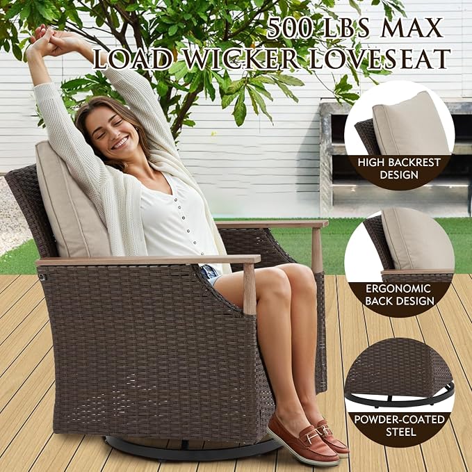 MELLCOM 3 Pieces Patio Furniture Set, Wicker Swivel Glider Chairs - Image 7