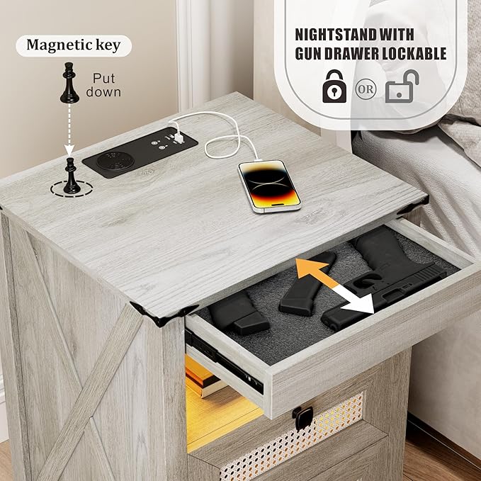 Farmhouse Night Stand with Gun Drawer, Bedside Table with Charger Station - Image 4