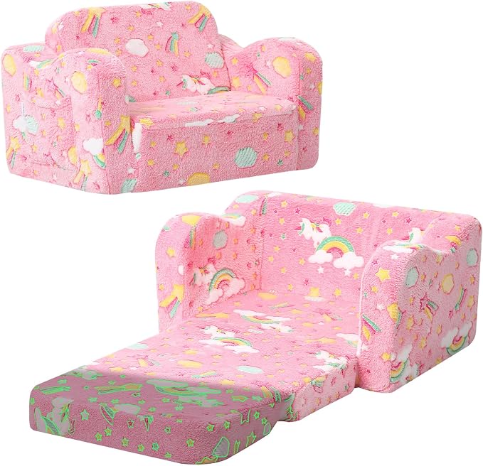 MeMoreCool Glowing Pink Rainbow Kids Chair, 2-in-1 Glow-in-the-Dark Kids Couch by MeMoreCool