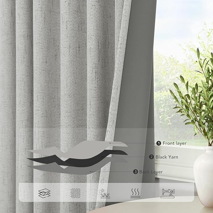 Pitalk 54 Inch Curtains 2 Panel Set 100% Blackout Linen Textured Room Darkening - Image 4