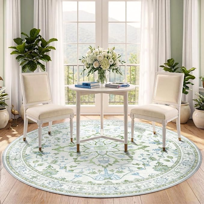 RELEANY Area Rugs Round 5ft Washable Non-Slip, Floral Vintage Distress Print - Image 2