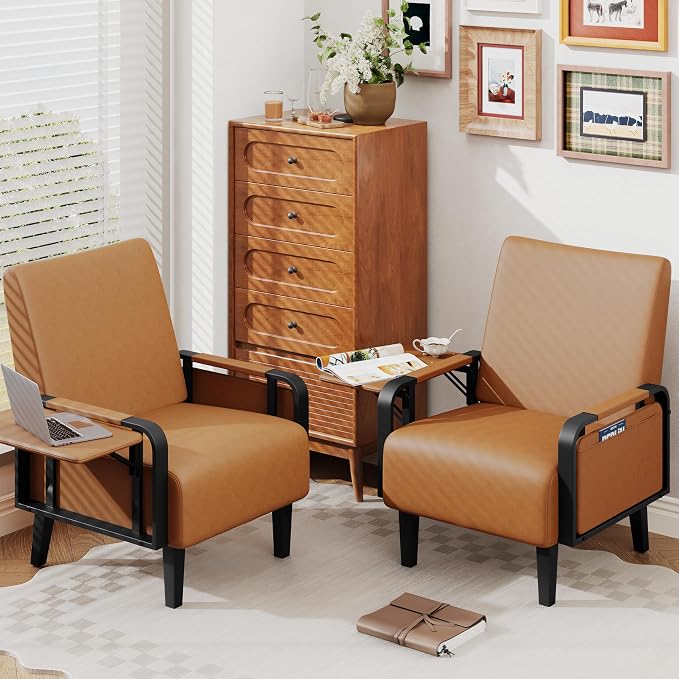 Andeworld Modern Brown Accent Chair Set of 2, PU Leather Upholstered Armchair - Image 3