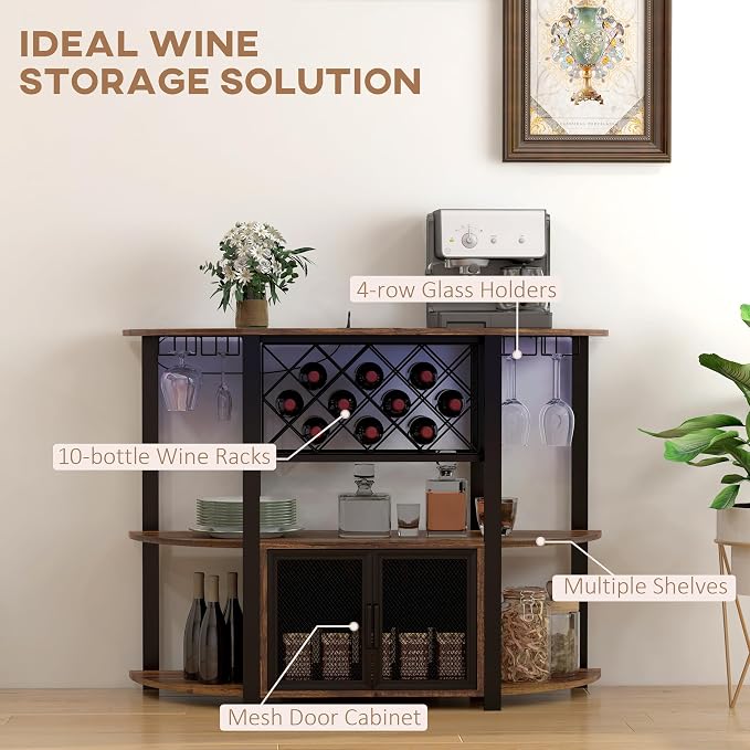 HOMCOM Wine Bar Cabinet with Charging Station and LED Lights, Industrial Liquor - Image 6