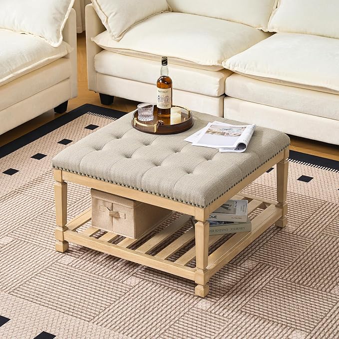 Befurtori Large Square Ottoman Coffee Table, Linen Solid Upholstered Footrest - Image 3