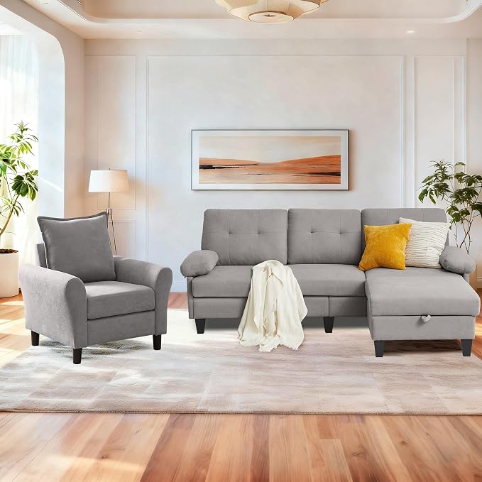 2PCS Sectional Sofa Set with Ottoman, Modern Linen 4 Seater Couch Set with Side by PingLiangHome