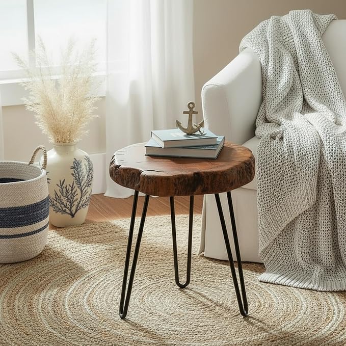 WELLAND Unique Shape Date Tree End Table Live Edge Side Table Plant Stand by WELLAND