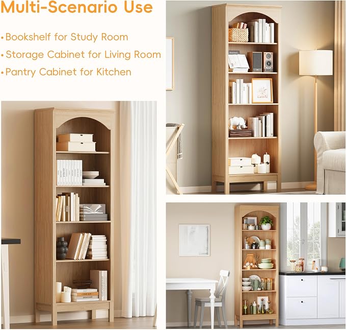 Arched Bookshelf with 5 Tier Open Shelves, Study and Living Room, Natural Oak - Image 6