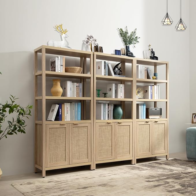 SICOTAS Bookshelf 5 Tier Book Shelf Rattan Boho 71" Tall Bookcase - Image 8