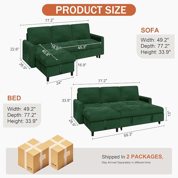 Vongrasig Pull Out Couch, 2 in 1 Sectional Sleeper Sofa Bed - Image 2
