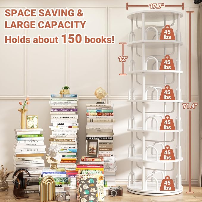 Aheaplus 6 Tier Rotating Bookshelf Tower, Revolving Bookcase, 360° Round - Image 2