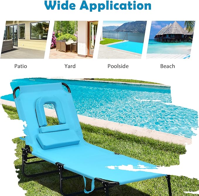 Folding Beach Lounge Chair w/ 5 Adjutable Backrest & Padded Pillow, Sunbathing - Image 9