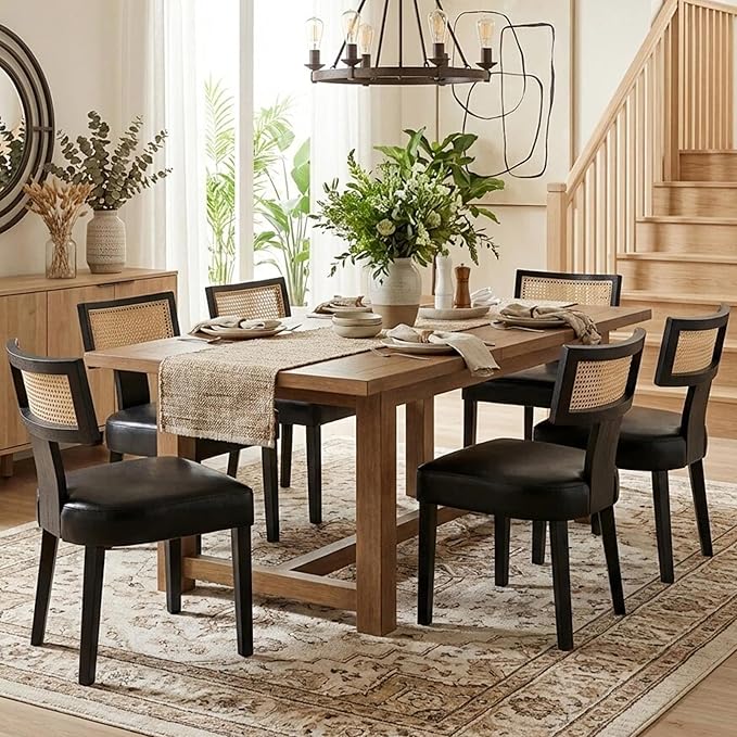 HNY Mid Century Modern Rattan Dining Chairs Set of 6, Farmhouse PU Leather by HNY
