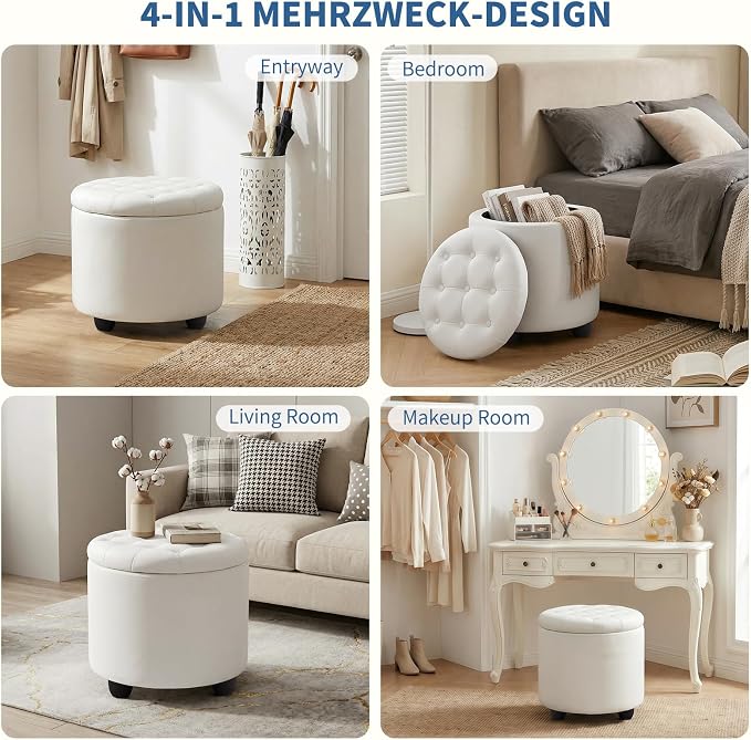 Furniliving Upholstered Button Tufted Round Ottoman, PU Storage Ottoman Round - Image 4