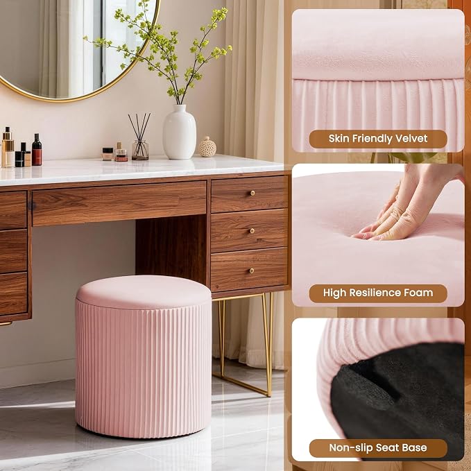 Set of 2 Round Storage Ottomans, Velvet Footstool Pouf - Image 5
