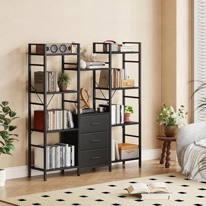 AFLUI Triple Bookshelf with 3 Fabric Drawers, 4-Tier Book Shelf and 10 Display - Image 5