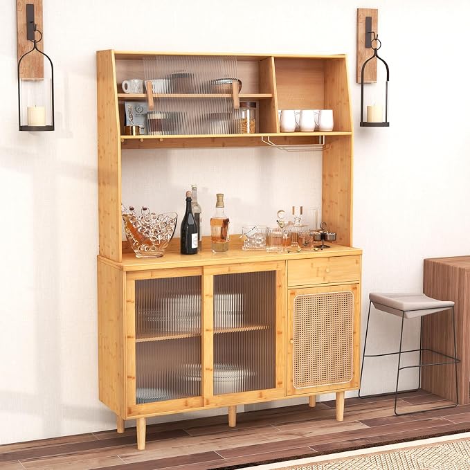 Giantex Pantry Cabinet, Microwave Countertop, Glass Holder, Freestanding Buffet - Image 9