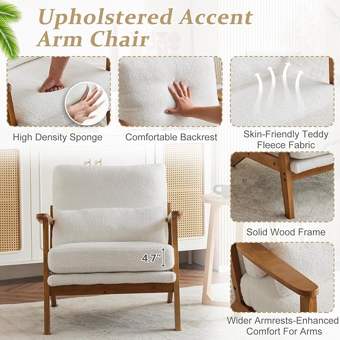 VINGLI Solid Wood Wide Armrests Accent Chair Set of 2, Upholstered Mid Century - Image 5