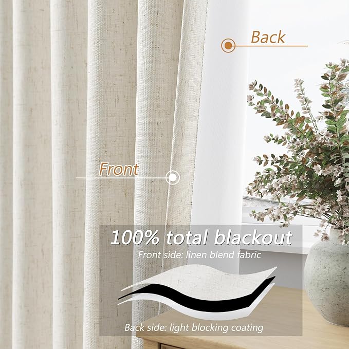 Guken Cream 100% Blackout Linen Curtains 94 Inch Length 2 Panels Set - Image 3