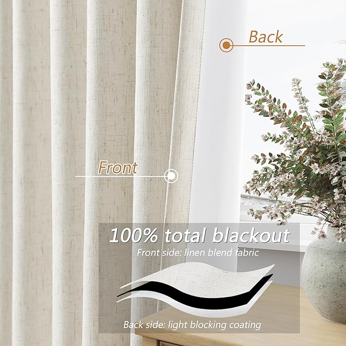 Guken Cream 100% Blackout Linen Curtains 80 Inch Length 2 Panels Set - Image 3