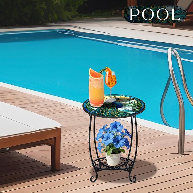 Cinnvoice Outdoor Side Table Round Small Mosaic Patio Accent Indoor End Plant - Image 6