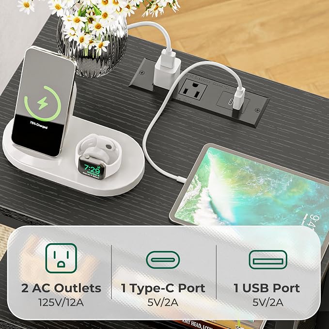 Huuger Nightstand with Charging Station, 27.6 Inch Side Table with Fabric - Image 4