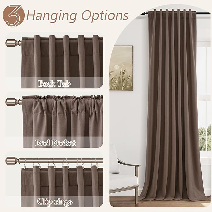 Guken Mocha Mousse 100% Blackout Linen Curtains 96 Inch Length 2 Panels Set - Image 6
