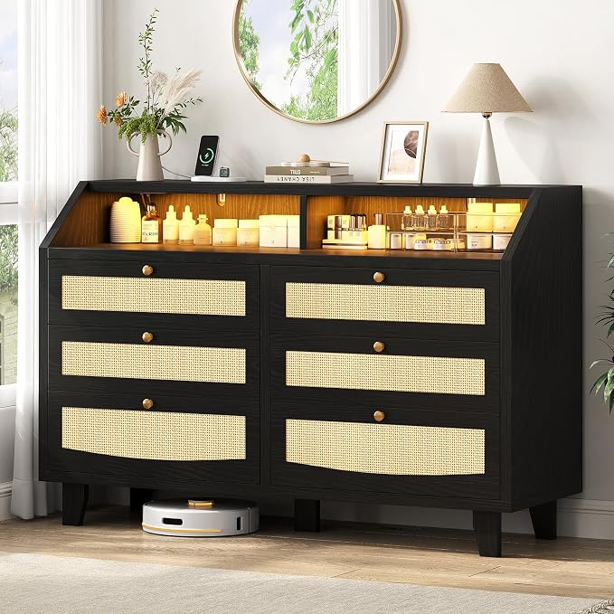 Rattan 6 Drawer Dresser with LED Lights & Power Outlet, Wide Rattan Dresser TV by Seetech