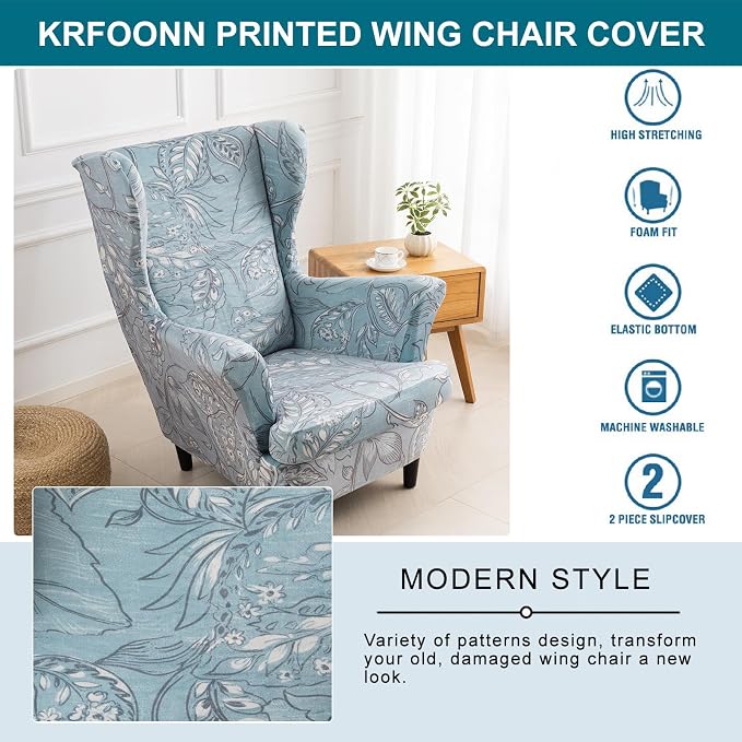 KRFOONN Velvet Wing Chair Slipcovers 2 Piece Stretch Printed Wingback Chair - Image 5