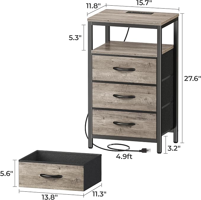 Huuger Nightstand with Charging Station, 27.6 Inch End Table Bedside Table with - Image 2