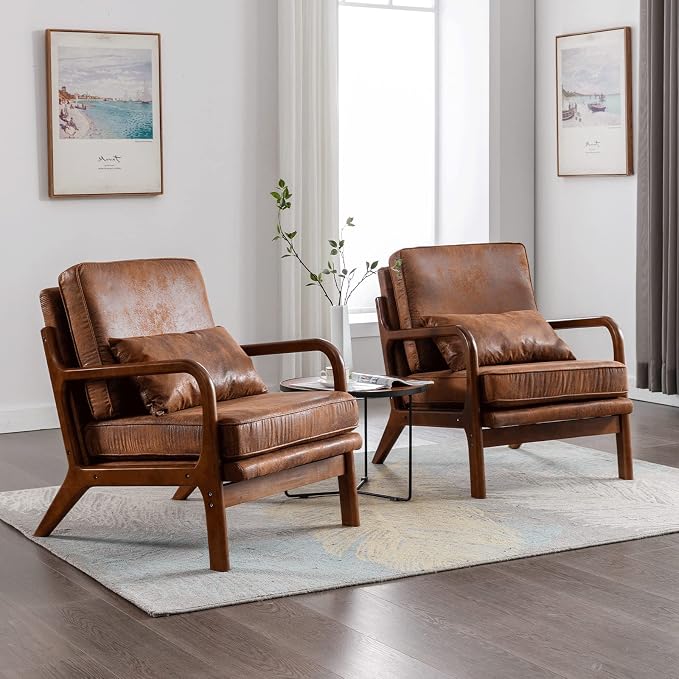 Mid Century Modern Brown Accent Chair Living Room- Comfy Solid Wood Arm Chair - Image 7