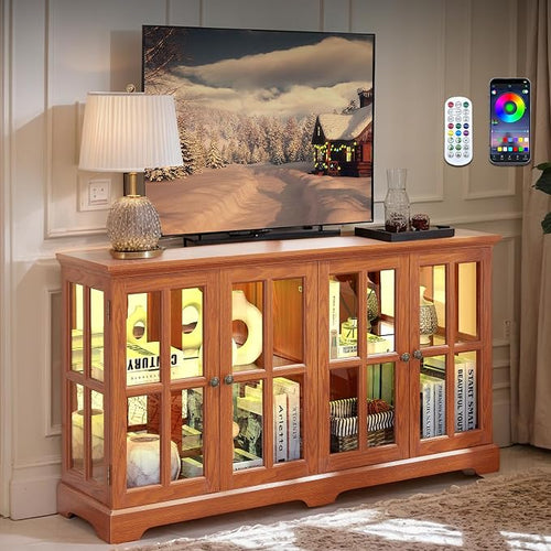59" W LED Curio Cabinet with 7 Color Lights, Vintage Glass Display Case with by CKEASEANFurniture