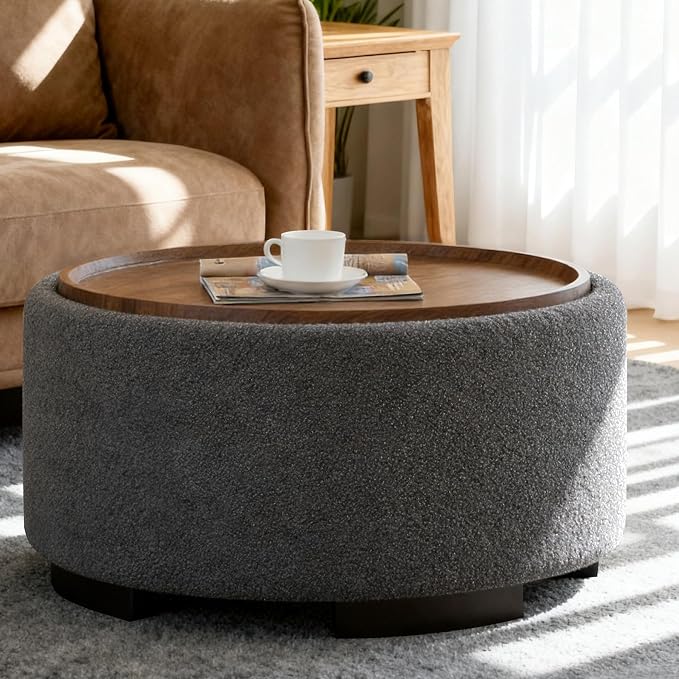 29.5 Inch Round Storage Ottoman Coffee Table, Modern Circle Coffee Table by Coziture