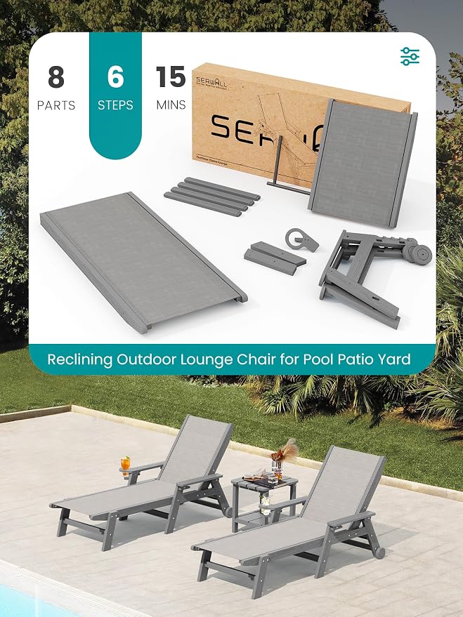 SERWALL Textilene Patio Chaise Lounge Chair, 5 Positions Adjustable Outdoor - Image 8