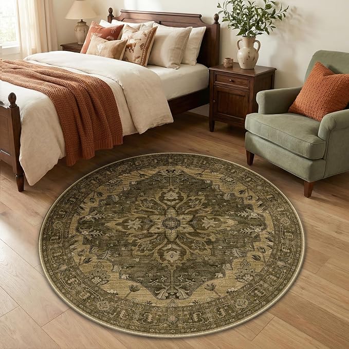 RELEANY Area Rugs Round 4ft Washable Non-Slip, Floral Vintage Distress Print - Image 3