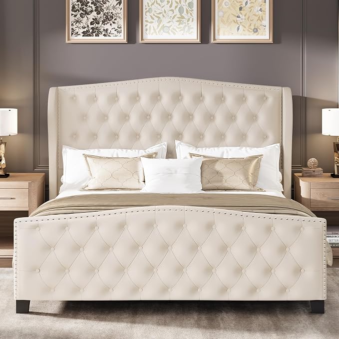 LARMACE Queen Size Bed Frame Velvet Upholstered Platform Bed - Image 8