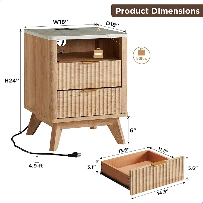 T4TREAM Fluted Nightstand with Charging Station, 2 Drawers End Table w/Storage - Image 2