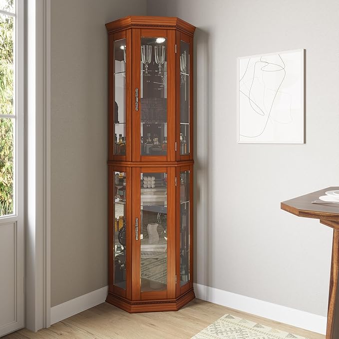 BELLEZE Lighted 3-Side Glass Display Curio Cabinet w/Tempered Glass Doors and by BELLEZE