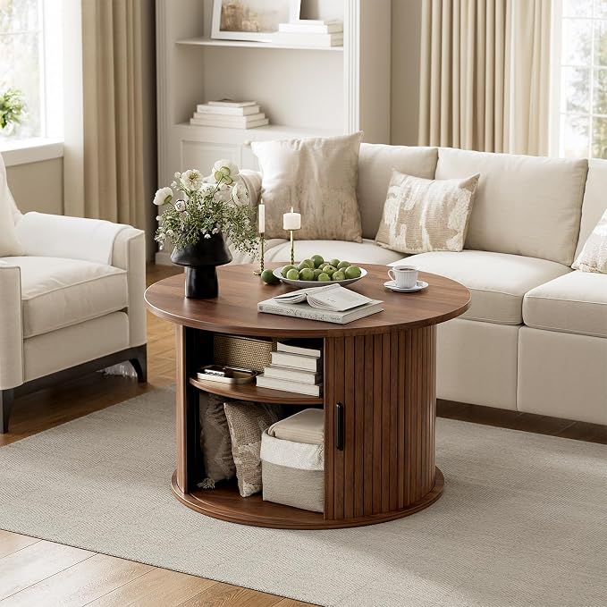 FABATO Round Lift Top Coffee Table, Fluted Wood Accent Coffee Table - Image 3