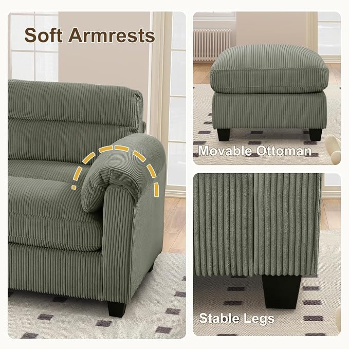 HAOMARKETS Corduroy 4-Piece Sofa Set, Upholstered Ottoman Set of 2, Accent - Image 4