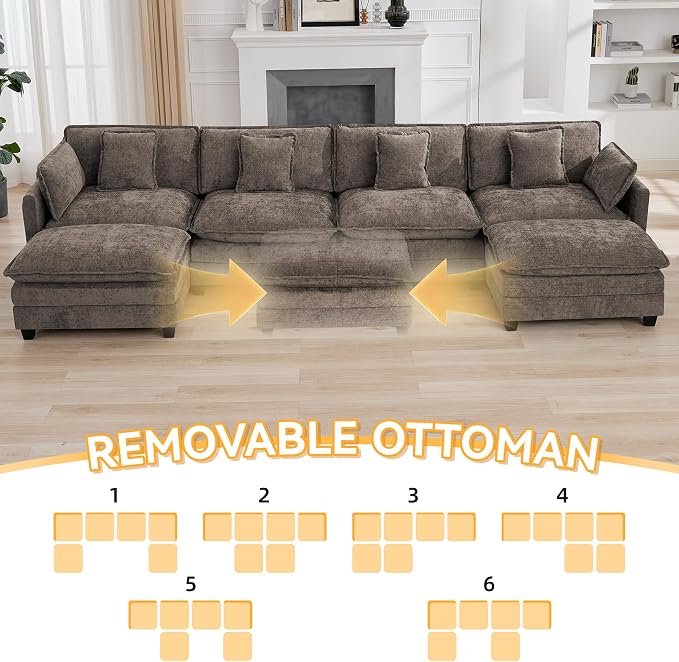 147'' Sectional Cloud Deep Seat Couch, Oversized Chenille U Shaped Sectional - Image 6