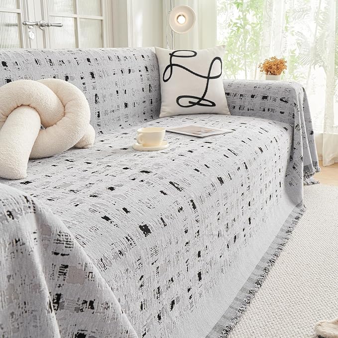 DREAMINGO Abstract Chenille Couch Cover Blanket Grey Black Boho Sofa Cover - Image 7