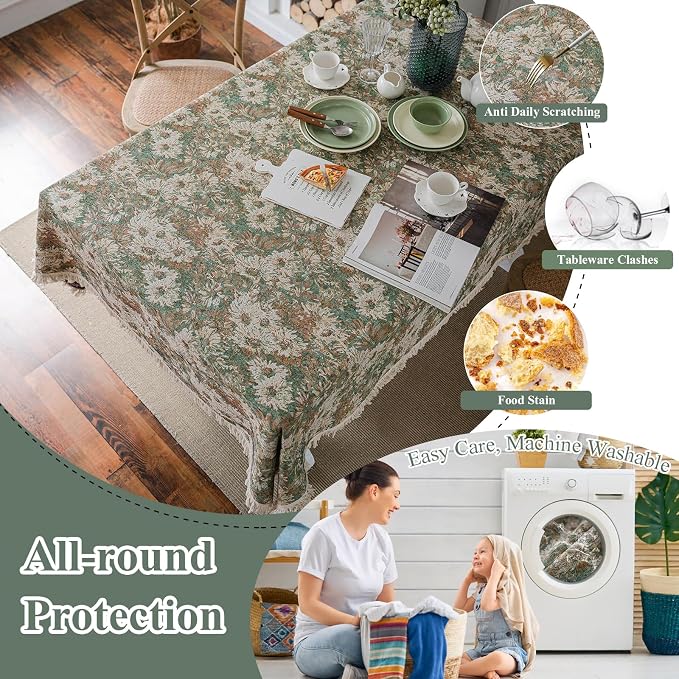 VClife Aesthetic Green and Beige Floral Table Cloth, Linen Texture Table Cloth - Image 4