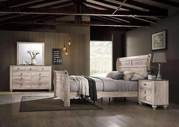 Roundhill Furniture Imerland Contemporary White-wash Finished 5-Piece Sleigh - Image 3