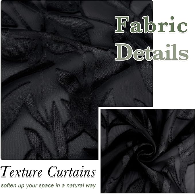 Lecloud Leia Black Sheer Kitchen Curtains 30 Inch Length 2 Pcs, Leaf Textured - Image 4