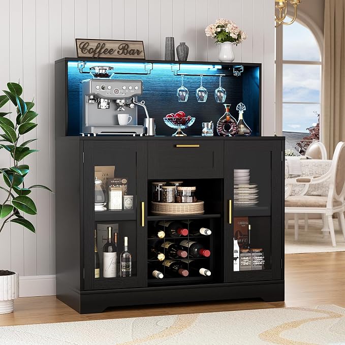 Unikito Wine Bar Cabinet with LED Light, Liquor Cabinet with Wine Rack and - Image 3