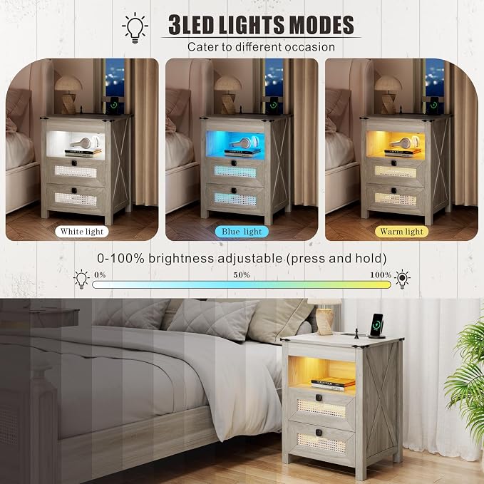 Farmhouse Night Stand with Gun Drawer, Bedside Table with Charger Station - Image 3