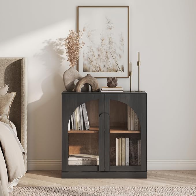 BELLEZE 2 Tier Bookshelf with Arched Glass Door, Modern Display Bookcase Shelf - Image 6