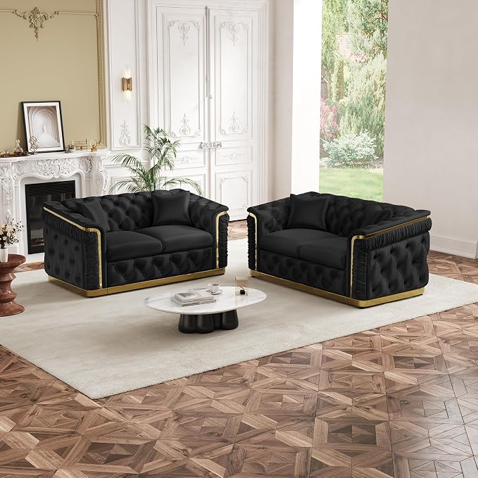 62.2" Luxury Velvet Chesterfield Sofa Tufted Victorian Black and Gold Couch - Image 8